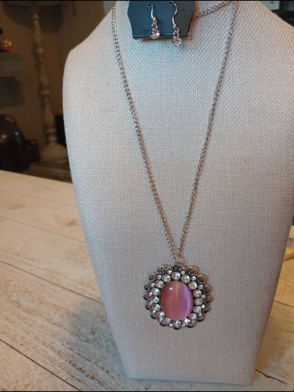 Silver Pendant Necklace with Pink Cabochon and Crystal Halo